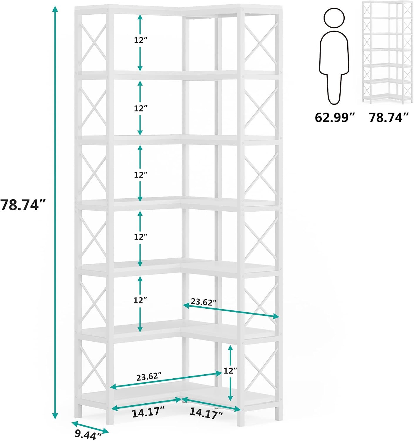 Tribesigns 7-Tier Corner Bookcase, Industrial Large Corner Bookshelf, 7-Shelf Tall Corner Shelf Storage Display Rack with Metal Frame for Living Room Home Office, White