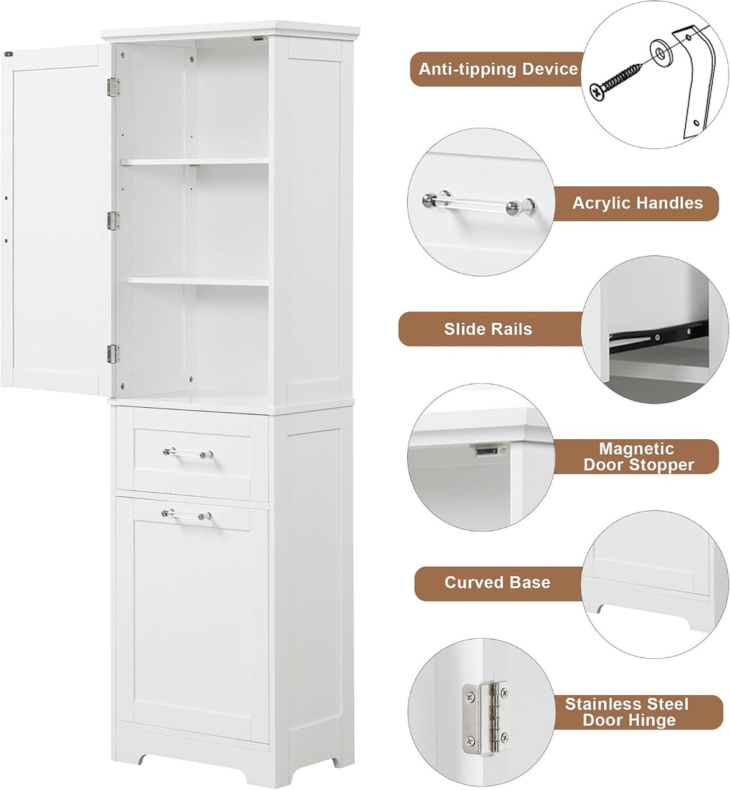 Bathroom Storage Cabinet with Adjustable Shelf, 68.4 in Tall | MDF, painted finish, adjustable shelf, enclosed storage, acrylic handles, anti-tip kit, bathroom, 20 W x 13.5 D x 68.4 H in