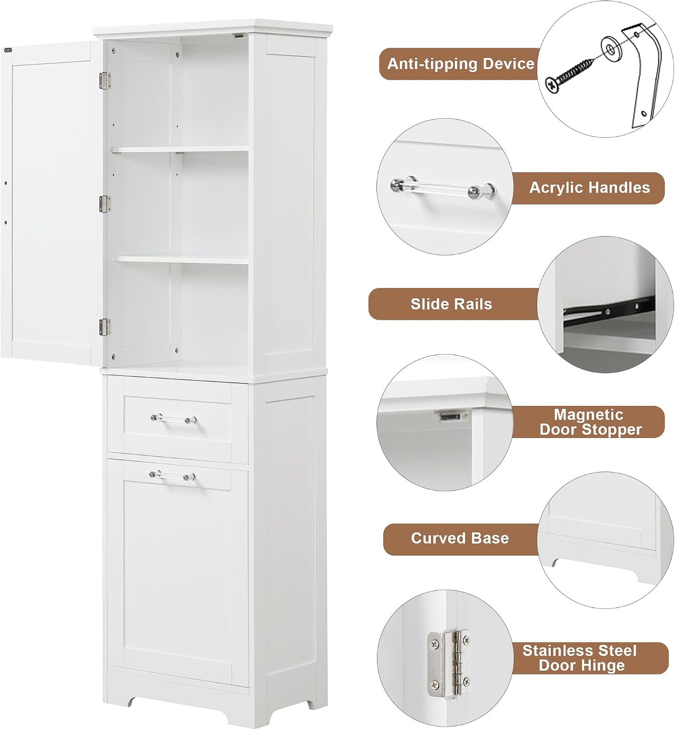 Bathroom Storage Cabinet with Adjustable Shelf, 68.4 in Tall | MDF, painted finish, adjustable shelf, enclosed storage, acrylic handles, anti-tip kit, bathroom, 20 W x 13.5 D x 68.4 H in