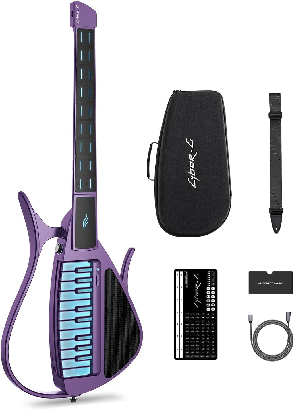 Enya CYBER-G Stringless Smart Guitar, Foldable Travel Backing Guitarra, Built-in Drum Machine & Bassline, 20 instrument Sounds for One-Man Band, App Interactive Chord Sheets For Adults & Teens Purple