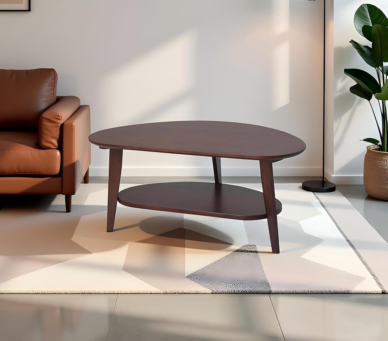 NAVREX Mid Century Modern Coffee Table with Storage, 2 Tier Oval Round Coffee Tables for Living Room Home Office, FSC Certifiled 100% Solid Wood Center Table, Value Lies in Material (Walnut Finish)