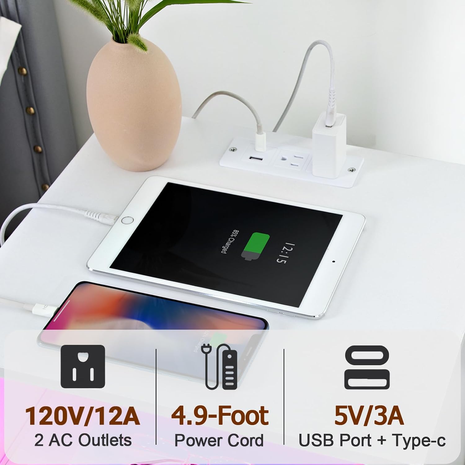 LOAKEKEL Night Stand Set 2, Tall Nightstand with Charging Station for Bedroom with 4 Drawers, LED End Table with USB Ports and Outlets, Bedside Table with Storage Shelf, White, HNS034WT