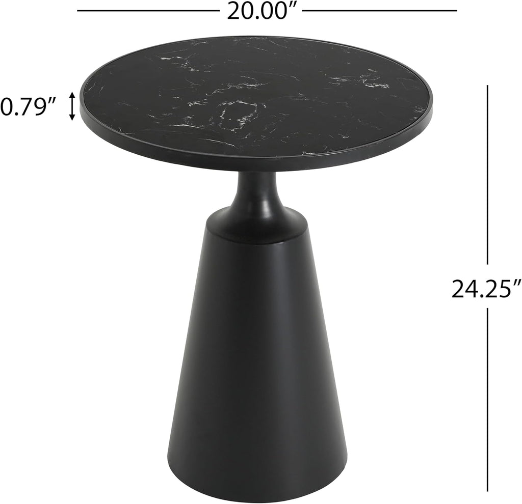 Merax Modern Iron Side Table with Marble Pattern Top (20' Diameter) – 24.25' H Accent Table with Conical Base – Minimalist Round End Table for Living Room & Bedroom & Office, Assembly-Free, Black