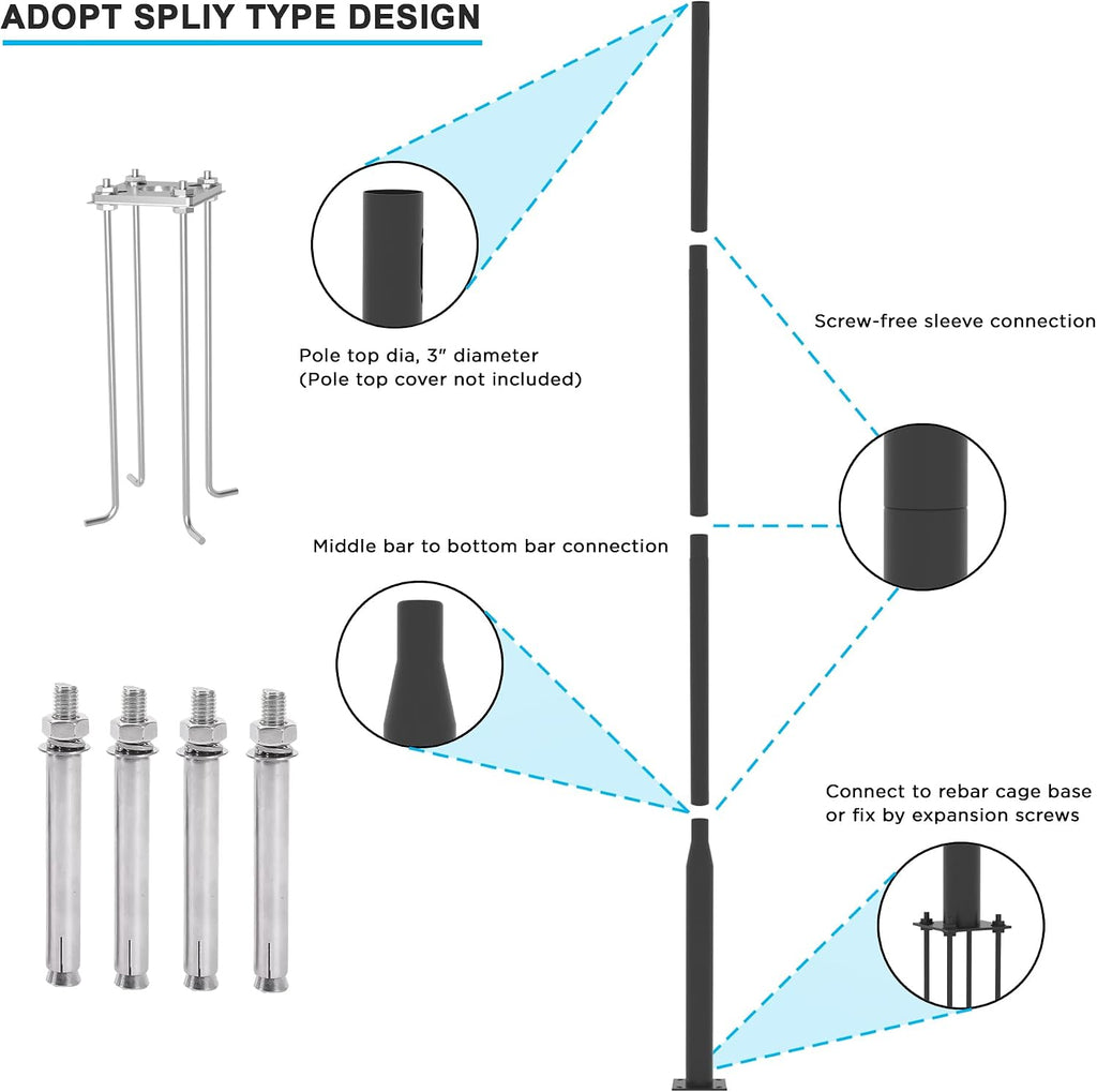 Round Steel Street Light Pole 13 FT Split Type Design Street Lamp Post with Mounting Rebar Cage Base for Street, Patio, Backyard, Park and Monitors