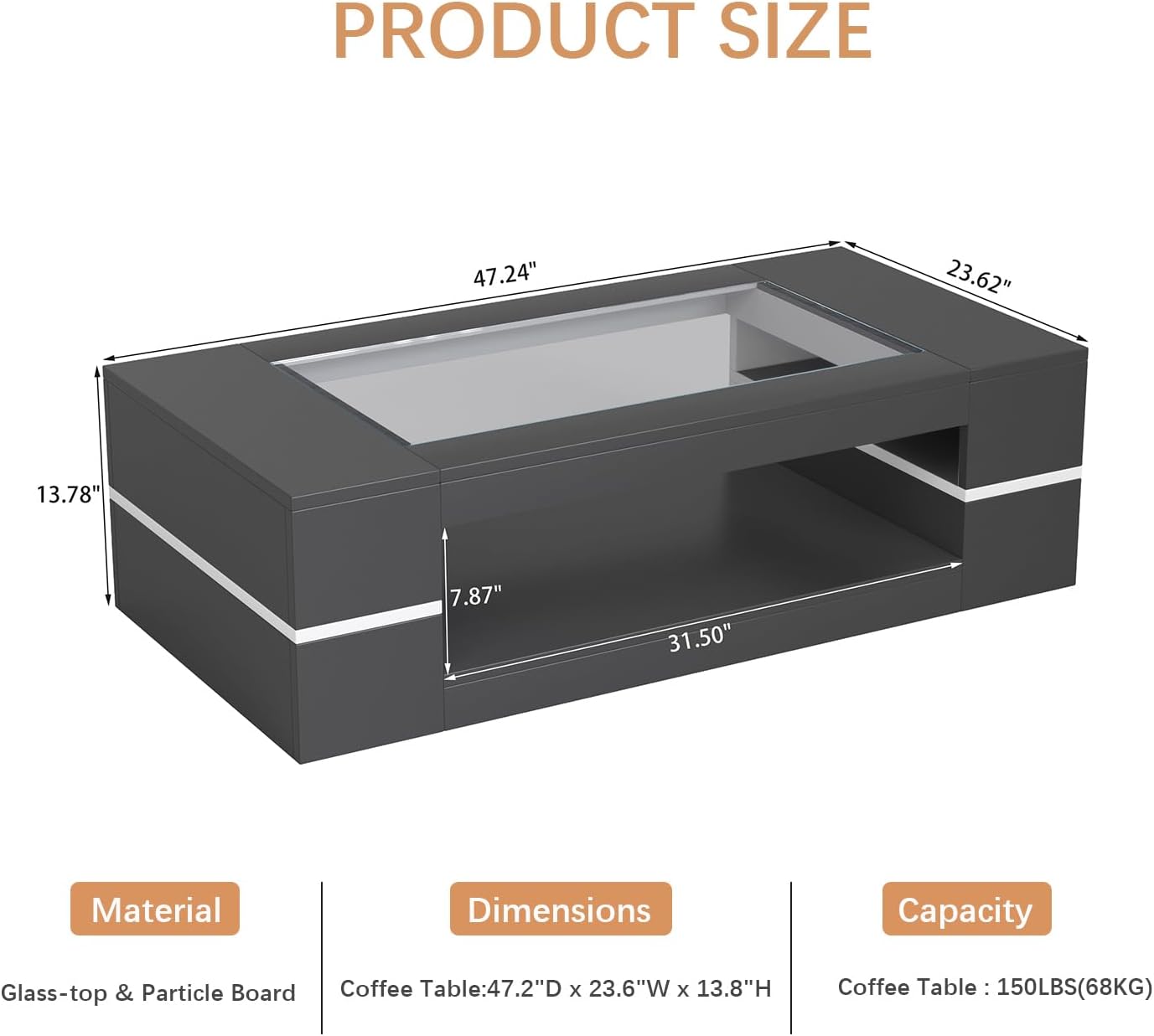 HedoAjim 47.2' Modern Stylish Coffee Table with Glass Table Top, Large Living Room Table Rectangular 2-Tier Center Tables with Storage, Wooden Cocktail Tea Tables for Dining Reception Room, Black