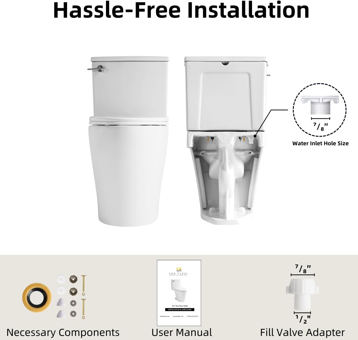 17.5' ADA Comfort Height Two Piece Toilet For Bathroom, Los Flexi Chair Height Toilet, 1.28 GPF Single Flush, Elongated Bowl, Soft-Close Seat, 12' Rough-In, Half Skirted Design & Easy Installation