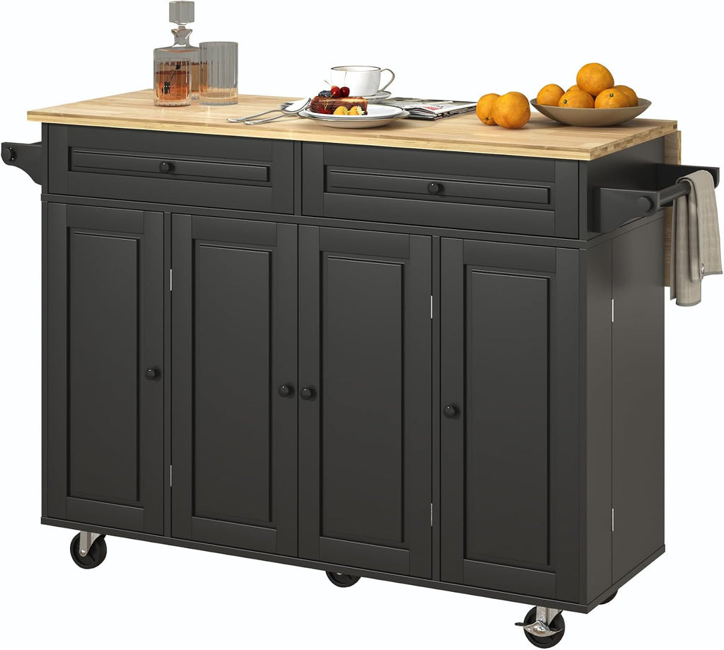 Squireewo 55' Kitchen Cart with Wood Top and Drop Leaf Breakfast Bar, Rolling Mobile Kitchen Island Table on Wheels with Drawer and Storage Cabinet, Spice Rack, Towel Rack, Black
