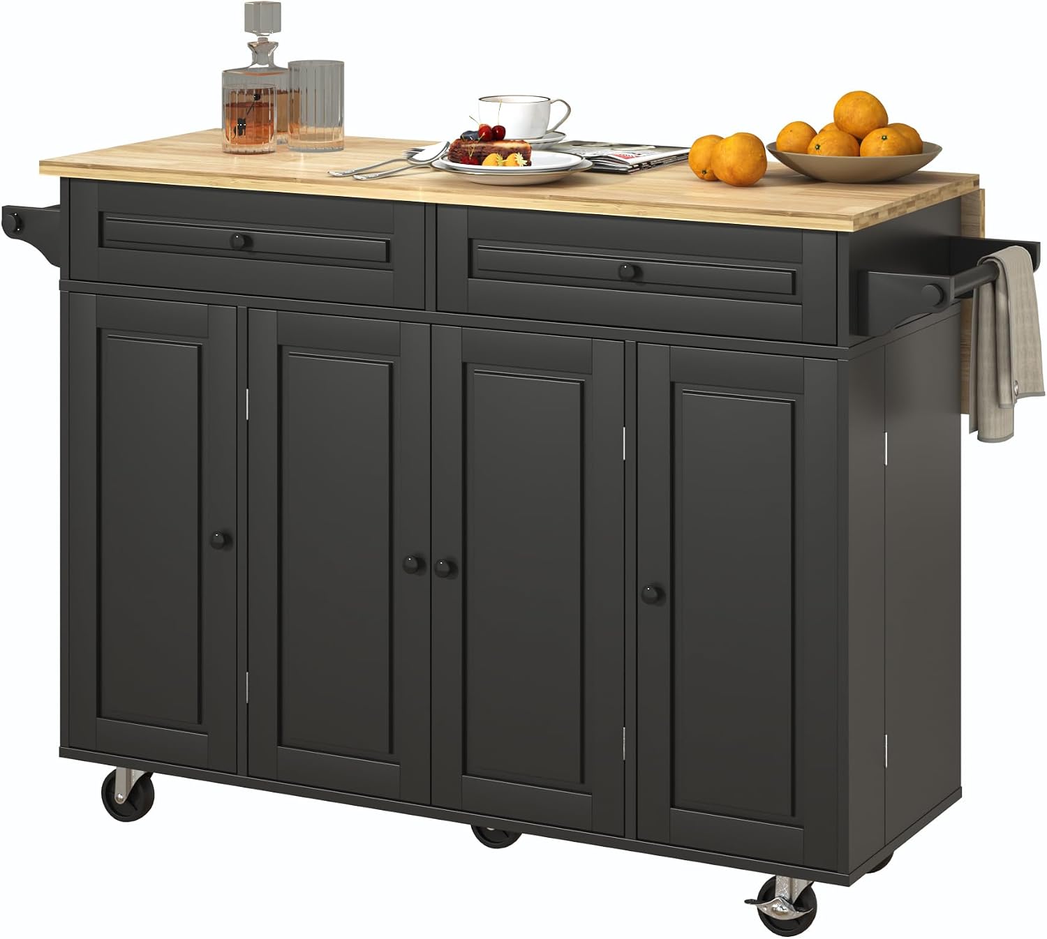 Squireewo 55' Kitchen Cart with Wood Top and Drop Leaf Breakfast Bar, Rolling Mobile Kitchen Island Table on Wheels with Drawer and Storage Cabinet, Spice Rack, Towel Rack, Black