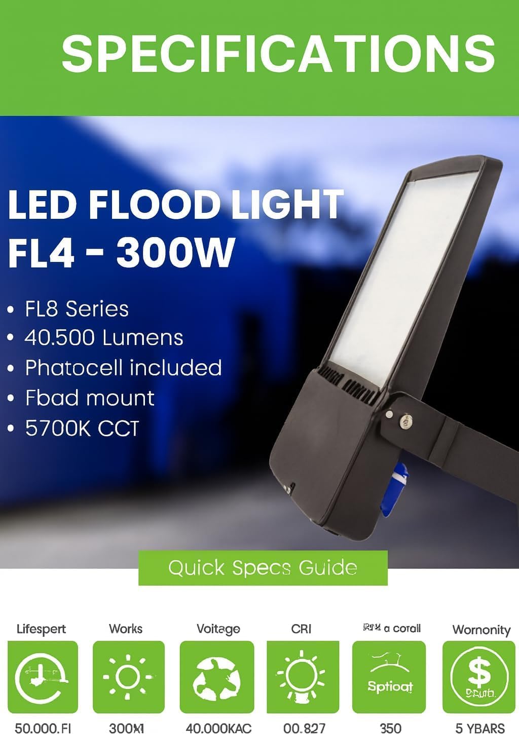 300W LED Flood Light Outdoor with Photocell, 43,500 Lumens, Waterproof Street & Area Lighting Fixture