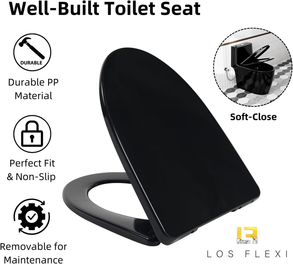 Black Toilet with Rimless Swirl Flush, Los Flexi 17.3' ADA Modern Elongated One Piece Toilets For Bathrooms, Dual Flush 1.0/1.28 GPF, Comfort Chair Height, Soft-Close Black Toilet Seat & 12' Rough-In