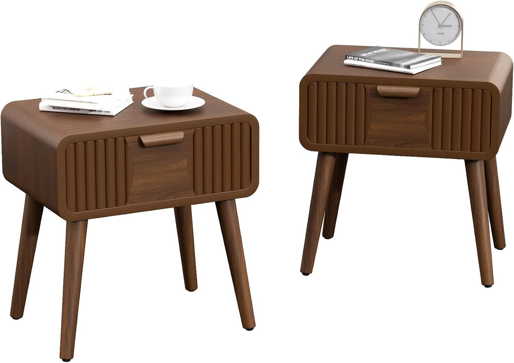 COSIEST Mid Century Modern Nightstands Set of 2, MCM Vintage Bedside Tables with Storage Drawers, Wood End Tables for Bedroom, Living Room (Brown, Striped Pattern)