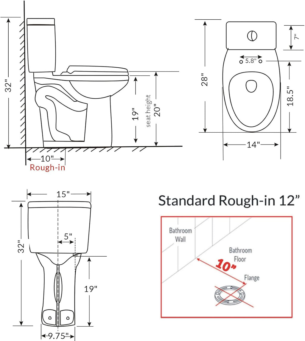WinZo WZ5088DS 10' Rough-in Toilet Two Piece 20-inch Extra Tall Dual Flush Elongated for Seniors Elderly Tall Disabled Person,White