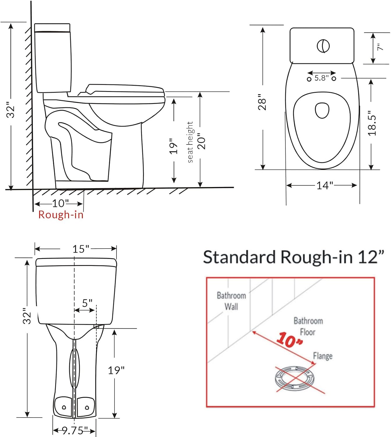 WinZo WZ5088DS 10' Rough-in Toilet Two Piece 20-inch Extra Tall Dual Flush Elongated for Seniors Elderly Tall Disabled Person,White
