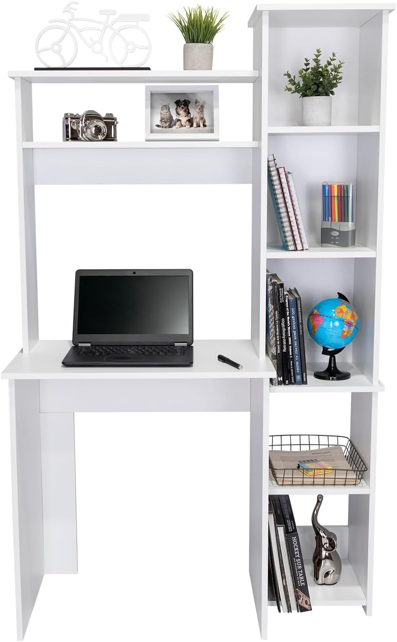 Tuhome Versalles Writing Desk with Two Superior Shelves, Five Side Open Storage Compartments, Space-Saving Modern Workstation Design for Studios and Offices, Ideal for Organization, Books