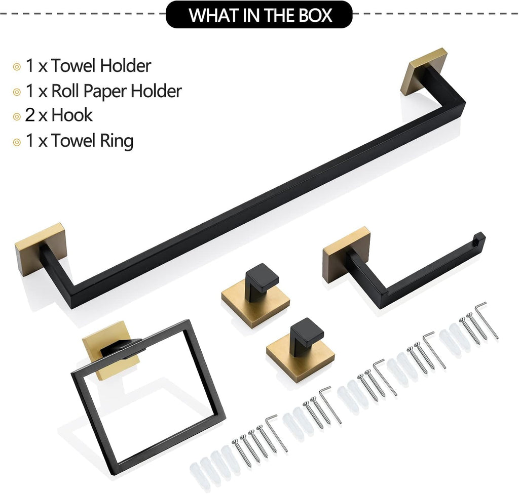 5-Piece Modern Bathroom Hardware Set, Stainless Steel Towel Bar Set with Robe Hook, Matte Black & Gold Finish