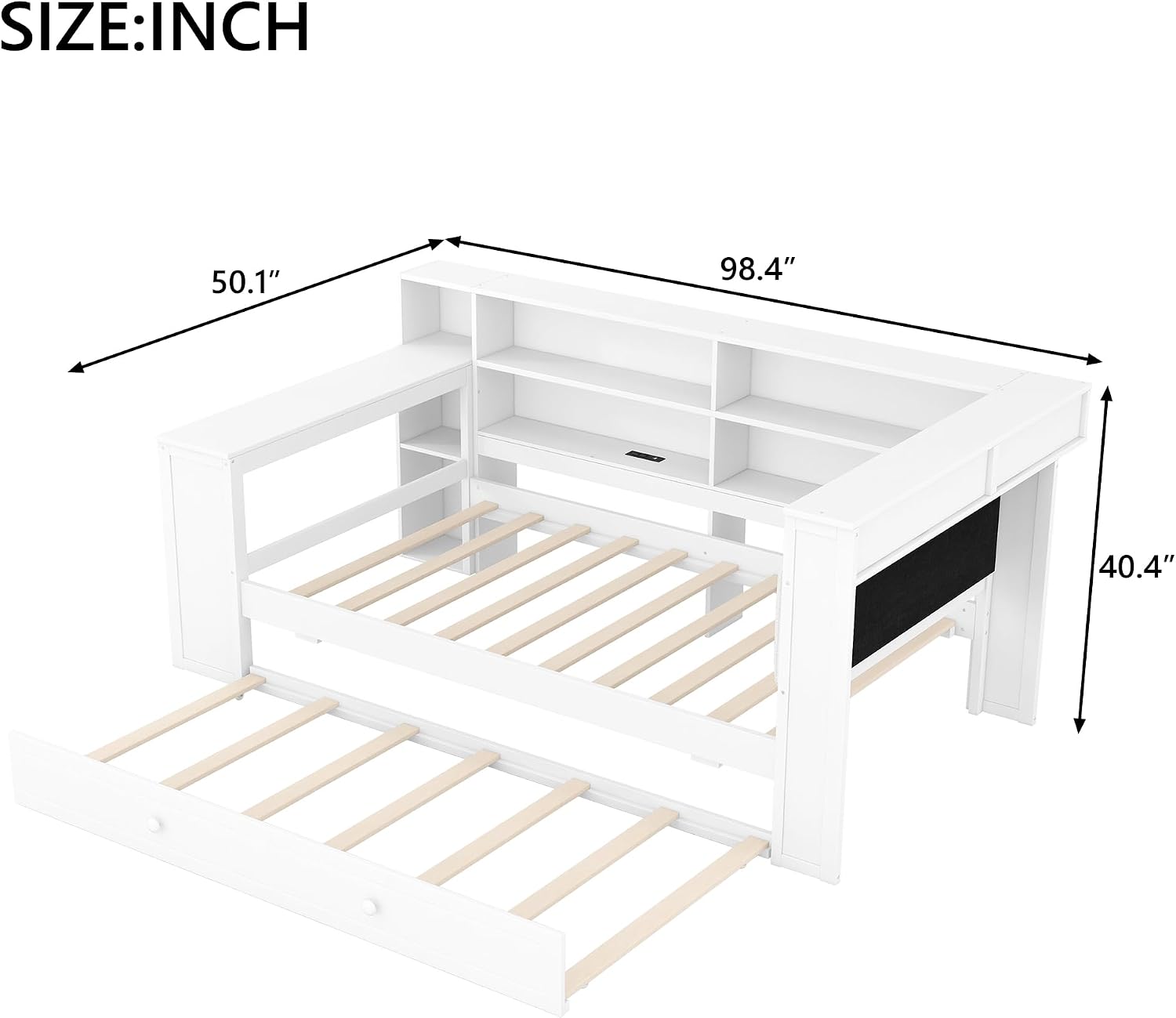 LUMISOL Twin Size Daybed Bed with Trundle, Storage Shelves, Desk & Charging Station, L-Shaped Corner Bed Frame with Upholstered Headboard for Living Room, Guest Room, White