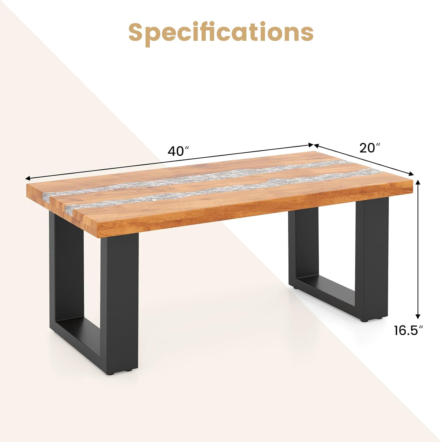 Giantex Teak Outdoor Coffee Table, Rectangular Resin Side Table with River Feel Epoxy Tabletop, Indoor Outdoor Solid Wood Center Table, Patio Table for Living Room, Poolside, Backyard