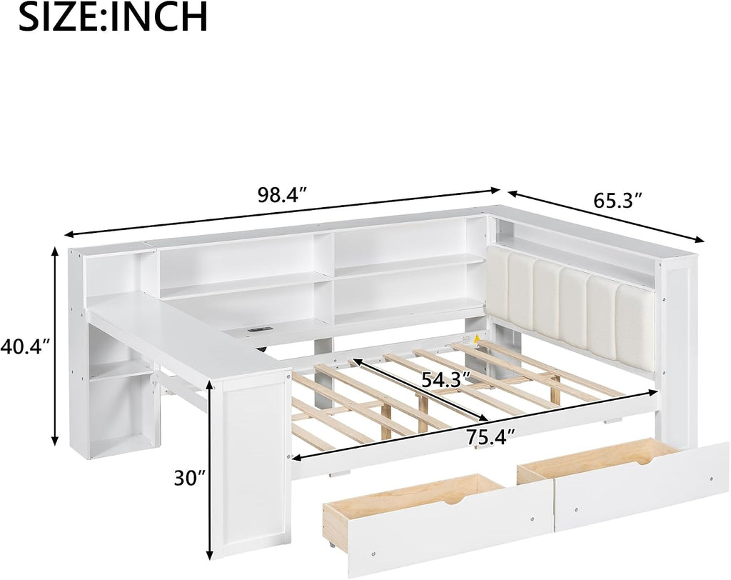 Bellemave Full Corner Bed with Storage Shelves and Desk, Upholstered Headboard Daybed with Bookcase and Drawers，Daybed with Storage, White+Beige Cushion