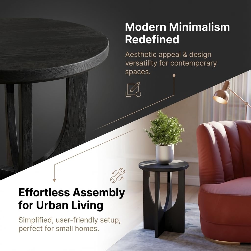 Stupa Solid Wood End Table – 22' Tall Round Side Table for Living Room or Bedroom, Handcrafted Accent Table in Distressed Black Finish, Easy Assembly, Modern Minimalist Design for Small Spaces