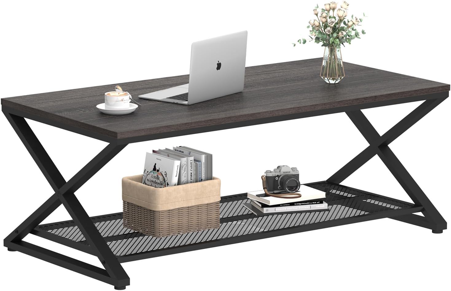 LVB Industrial Grey Coffee Table, Wood Metal 2 Tier Center Table with Storage, Rectangular Low Cocktail Table for Living Room, Farmhouse Concrete Tables for Home Office Bedroom, Dark Gray Oak, 47 Inch