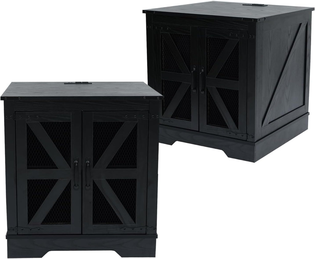 Farmhouse End Table Set of 2 with Charging Station, Living Room Tables with Hidden Storage, Wood Square Sofa Bedside Tables, Night Stand with Power Outlet and Door, Black