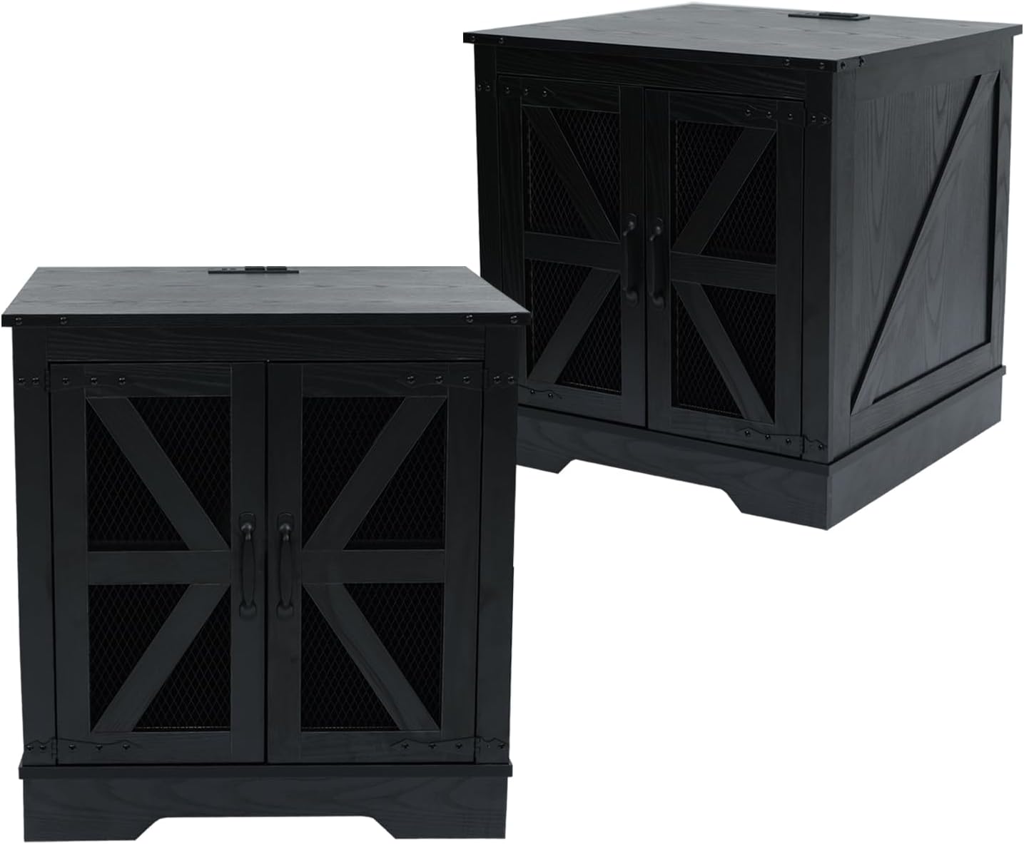 Farmhouse End Table Set of 2 with Charging Station, Living Room Tables with Hidden Storage, Wood Square Sofa Bedside Tables, Night Stand with Power Outlet and Door, Black