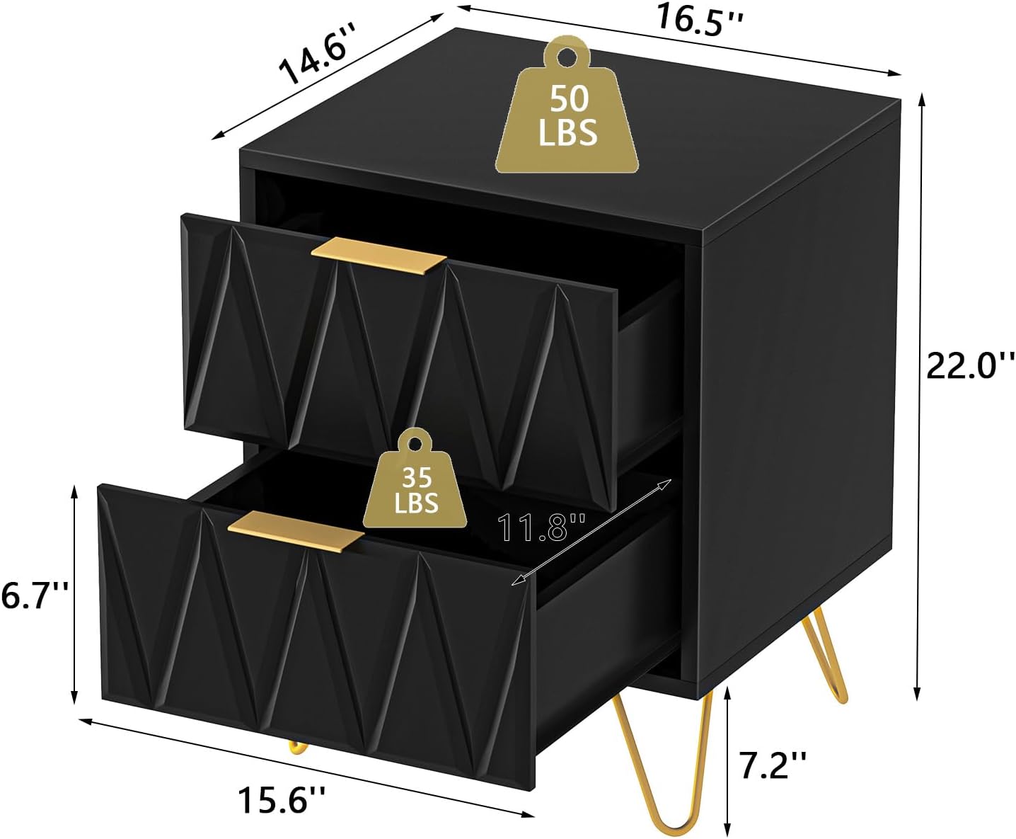 Spaco Black Nightstand Set of 2, Modern Bedside Tables Set of 2 with 2 Drawers for Bedroom, Night Stand with Gold Legs,End Side Tables for Living Room