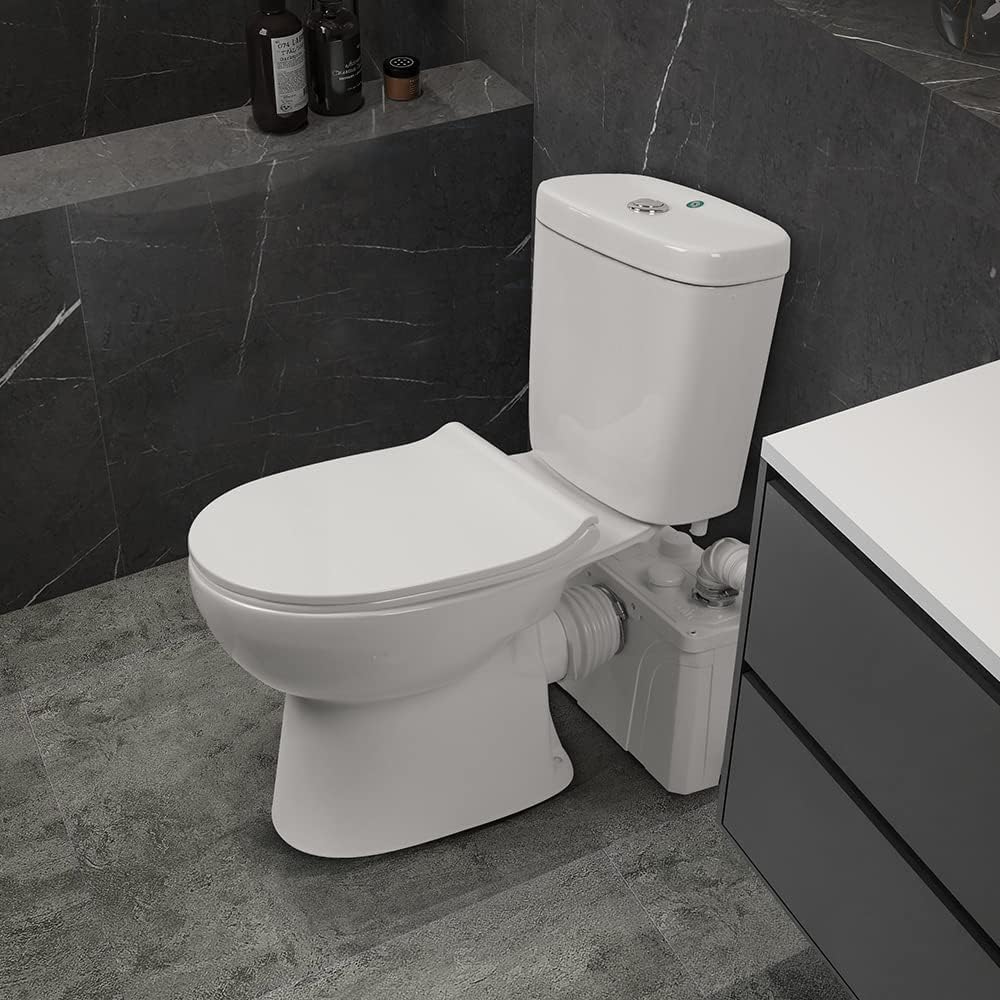 Macerating Toilet with Pump,Compact Two-piece Toilet for Basement for Laundry Sink Shower Included Macerator Pump, Dual-flush Water Tank, Toilet Bowl, Seat Cover, 30ft Vertically Upflush