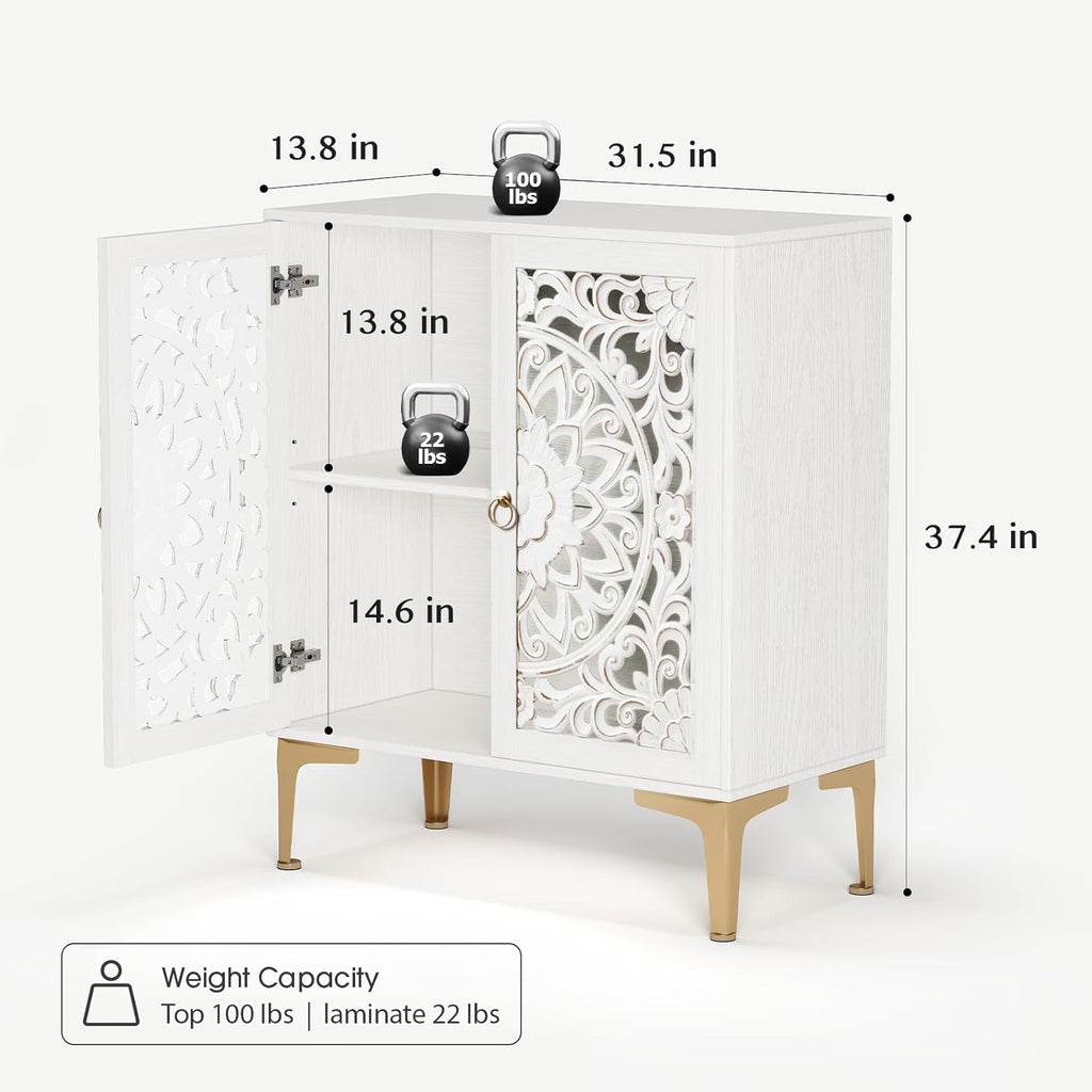 JOINICE 31.5' Accent Storage Cabinet with Carved Doors, White Boho Sideboard for Storage, Coffee Bar Cabinet & Entryway Table with Gold Legs, Decorative Buffet Cabinet for Dining Room, Living Room
