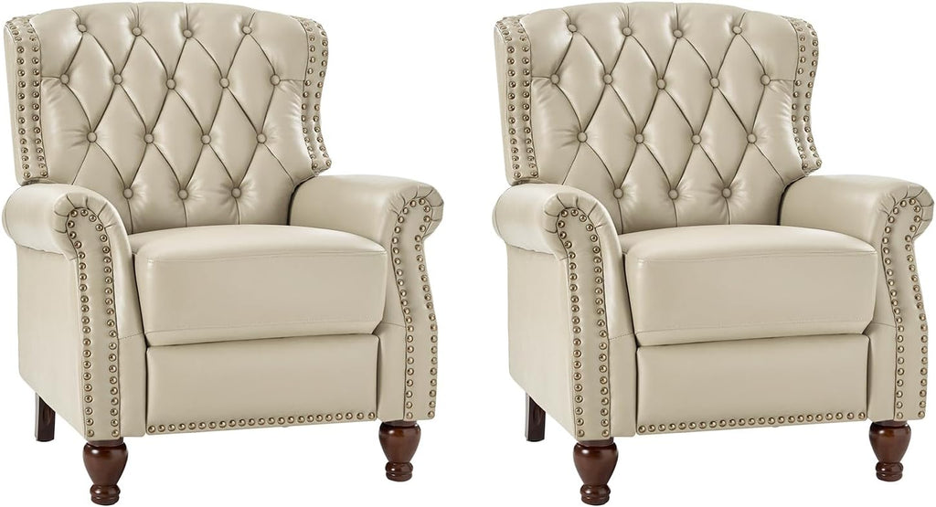 HULALA HOME Genuine Leather Recliner Chair Set of 2 w/Solid Wood Feet, Modern Adjustable Tufted Push Back Arm Chair w/Rivet Decoration, Home Theater Seating Reclining Sofa for Living Room, Beige