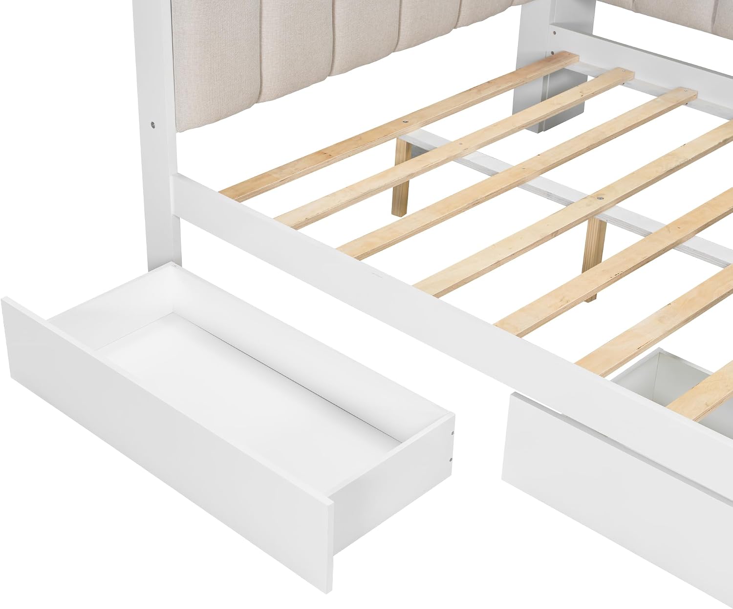 VilroCaz Full Size Daybed Sofa Bed with L-Shaped Upholstered Headboard and Desk, Wooden Corner Platform Bed Frame with 2 Drawers, Storage Shelves, Charging Station and Light Strip (White-8.26)