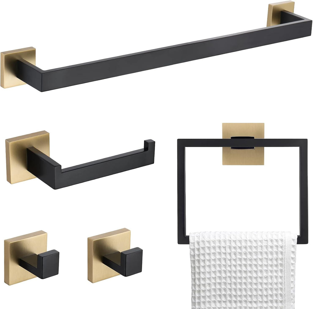 5-Piece Modern Bathroom Hardware Set, Stainless Steel Towel Bar Set with Robe Hook, Matte Black & Gold Finish