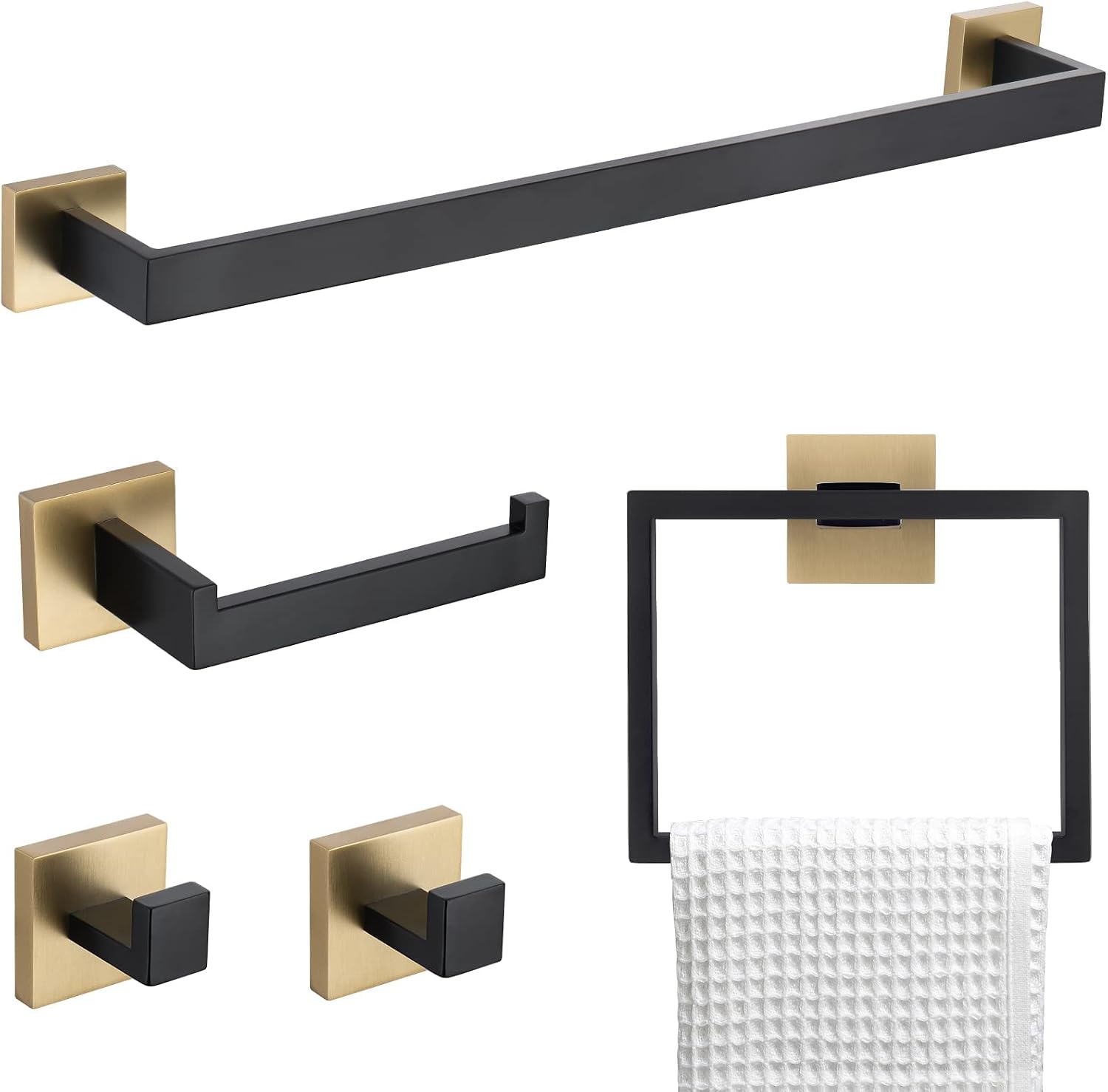 5-Piece Modern Bathroom Hardware Set, Stainless Steel Towel Bar Set with Robe Hook, Matte Black & Gold Finish