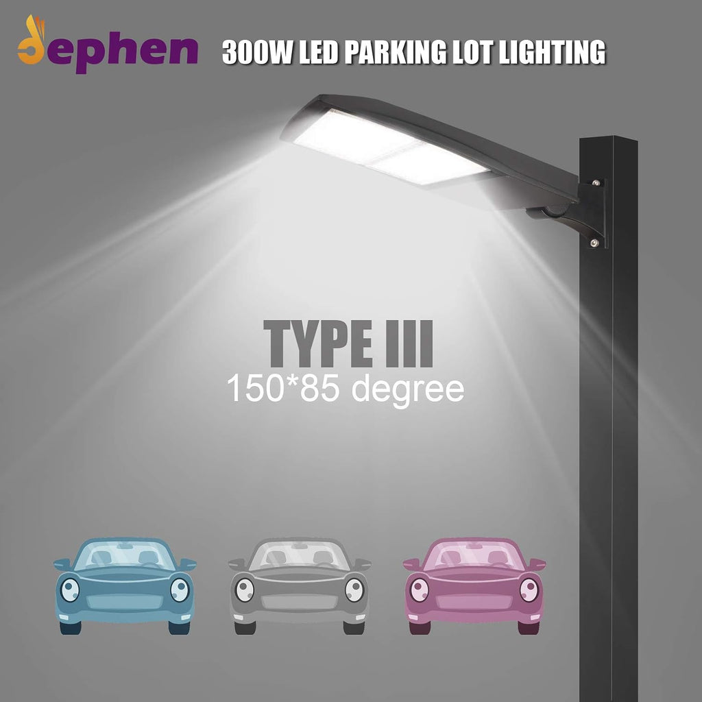 dephen 300W LED Parking Lot Light, 42000Lm 5700K Shoebox Pole Lamp, Outdoor Commercial Street and Area Lighting, 0-10V Dimmable, Arm Mount, 100-277Vac(UL-Listed)