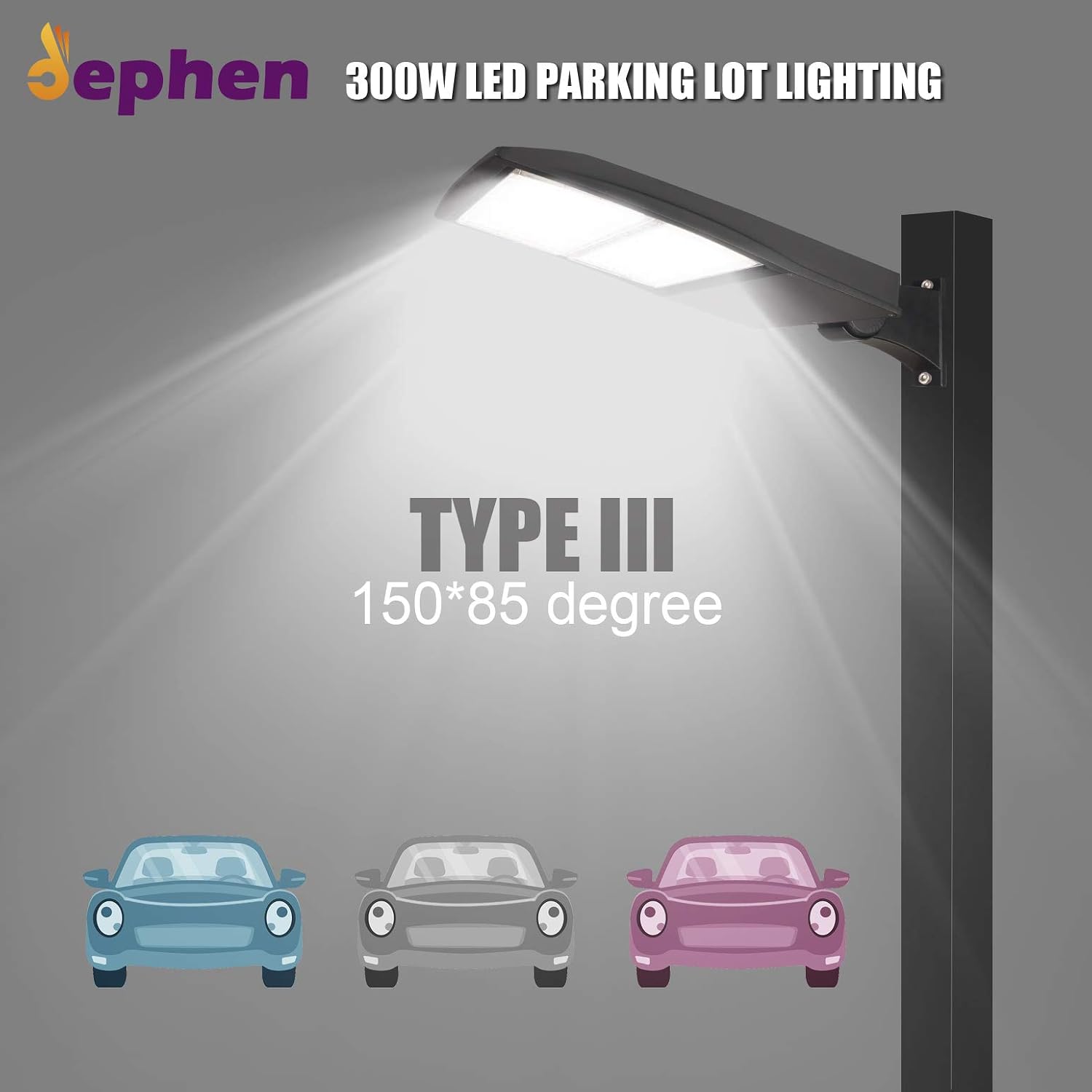 dephen 300W LED Parking Lot Light, 42000Lm 5700K Shoebox Pole Lamp, Outdoor Commercial Street and Area Lighting, 0-10V Dimmable, Arm Mount, 100-277Vac(UL-Listed)