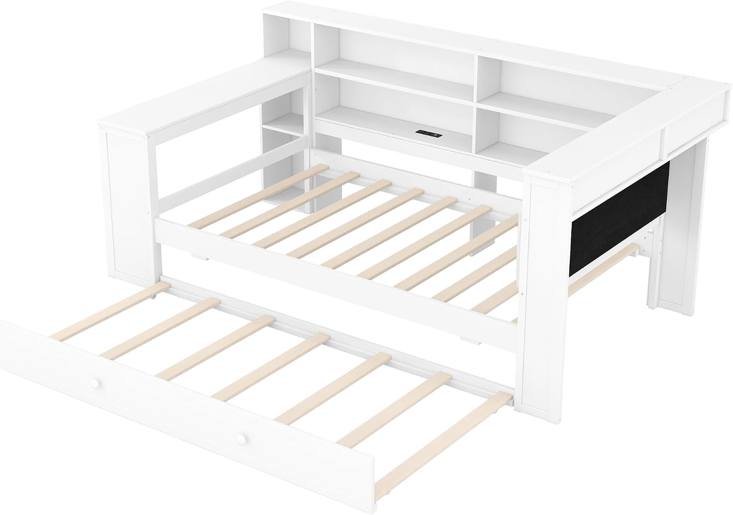 LUMISOL Twin Size Daybed Bed with Trundle, Storage Shelves, Desk & Charging Station, L-Shaped Corner Bed Frame with Upholstered Headboard for Living Room, Guest Room, White