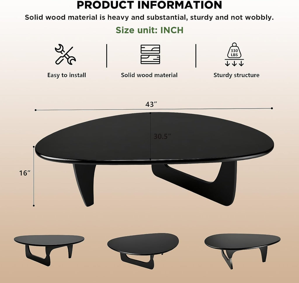 Solid Wood Triangle Coffee Table,Unique Mid Century Modern Oval Coffee Table,Irregular Geometric Tea Tables for Home Living Room with Wooden Tabletop and Reinforced Legs Black 43' L x 31' W x 16' H