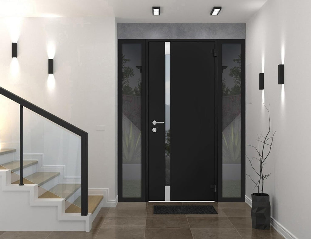VDOMDOORS Front Exterior Prehung Steel Door/Cynex 6777 Black / 2 Side Exterior Windows/Stainless Inserts Single Modern Painted-W12+32+12' x H80-Left-hand Inswing