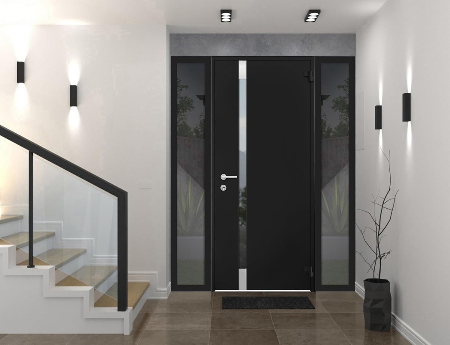 VDOMDOORS Front Exterior Prehung Steel Door/Cynex 6777 Black / 2 Side Exterior Windows/Stainless Inserts Single Modern Painted-W12+32+12' x H80-Left-hand Inswing
