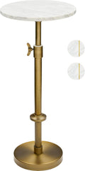 Adjustable-Height Marble Drink Table - 10x10x22-30, White Marble & Antique Brass, Modern Round End Table, Side Table with Pedestal Stand for Small Spaces, Vintage Metal Martini Cocktail Accent