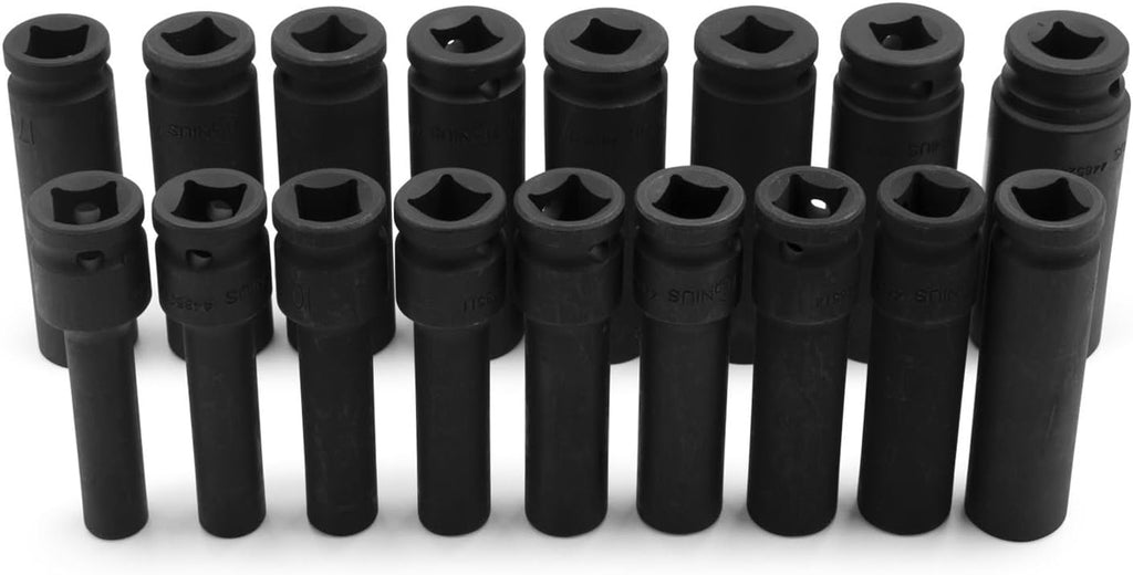 Genius Tools 17 Piece 1/2' Dr. Metric Deep Thin Wall Impact Socket Set (12-Point) DI-417MD