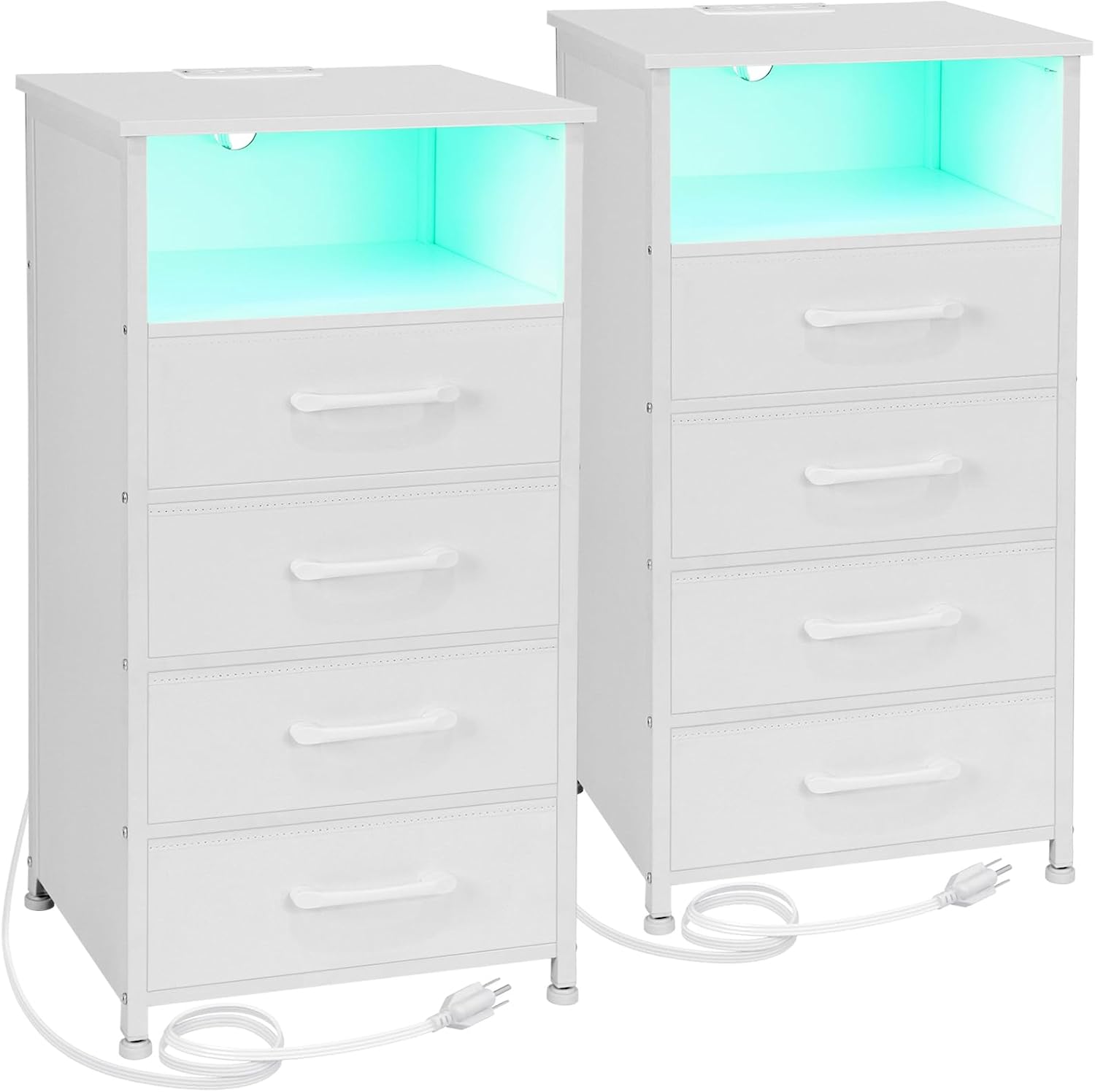 LOAKEKEL Night Stand Set 2, Tall Nightstand with Charging Station for Bedroom with 4 Drawers, LED End Table with USB Ports and Outlets, Bedside Table with Storage Shelf, White, HNS034WT