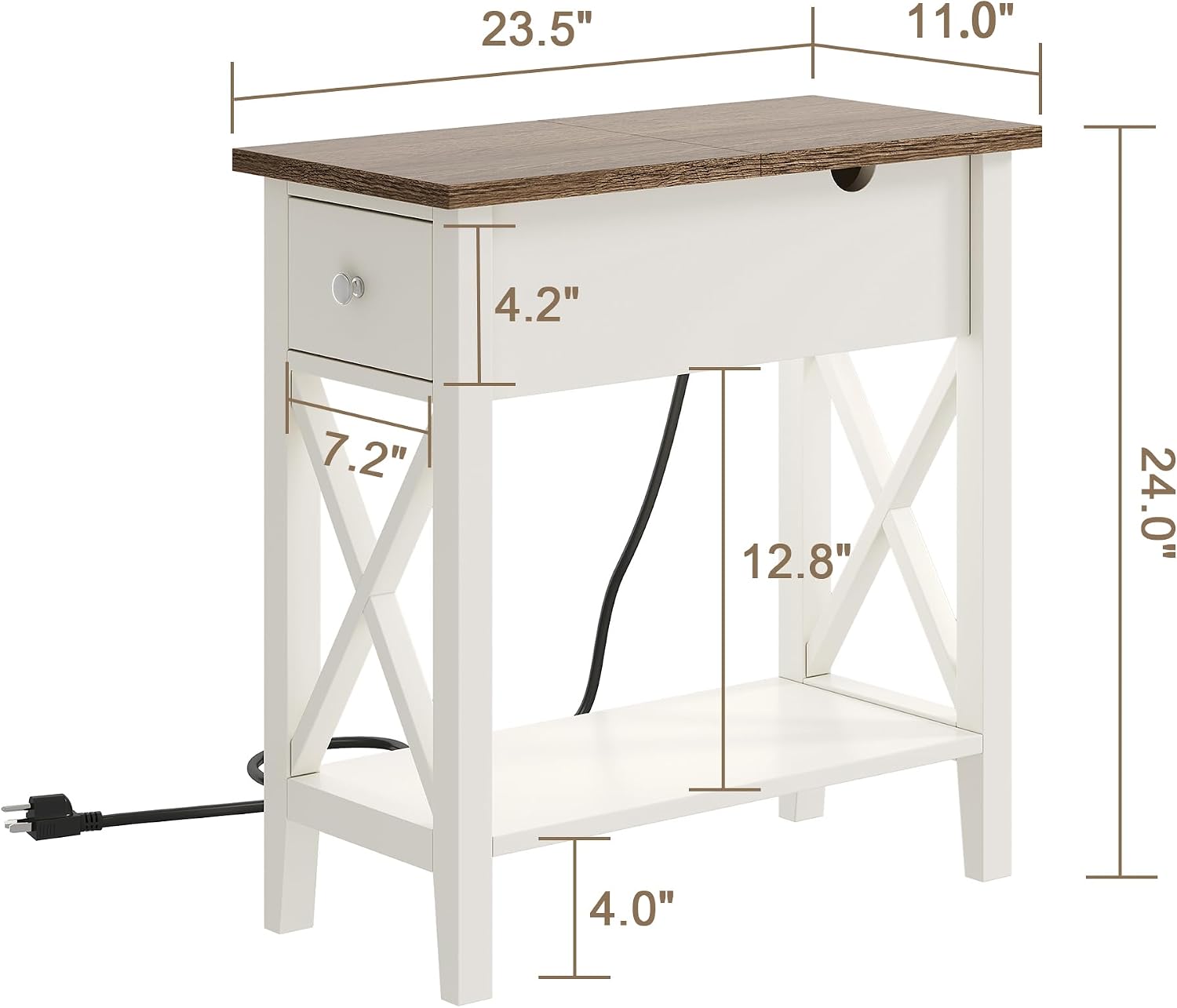 ChooChoo End Table Set of 2 with Charging Station, Narrow End Table with USB Ports and Outlets, Small Side Table Nightstand with Drawer for Living Room, Bedroom, Soft White