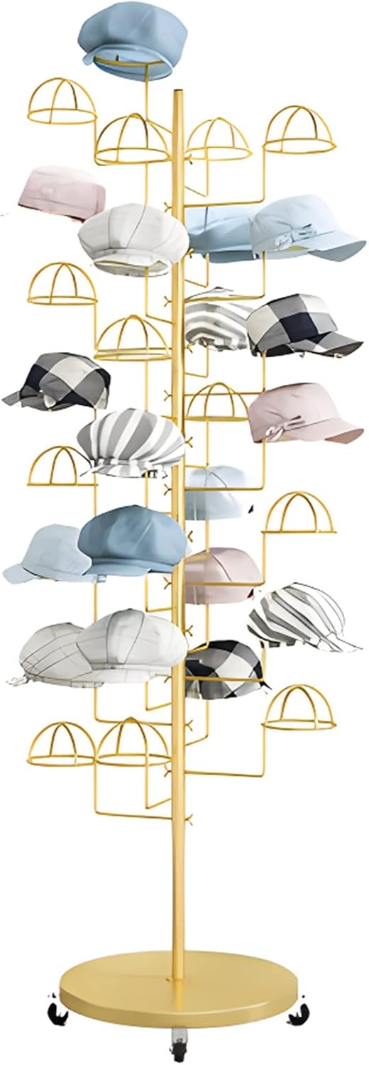 Shelf Modern Large Hat Rack Stand - 30 Hooks, Rolling Standing Retail Display Stand for Baseball Caps/Cowboy Hats/Fedora Hats, Easy to Assemble (Gold Place 30 Hats)