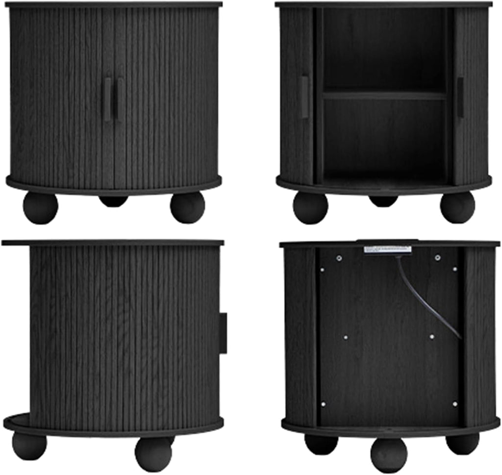 Mid-Century Modern 24' Nightstand with Charging Station, Wood Round End Night Stand End Table with Storage & Sliding Door, Accent Side Tbale for Living Room Bedroom (Round, Black)