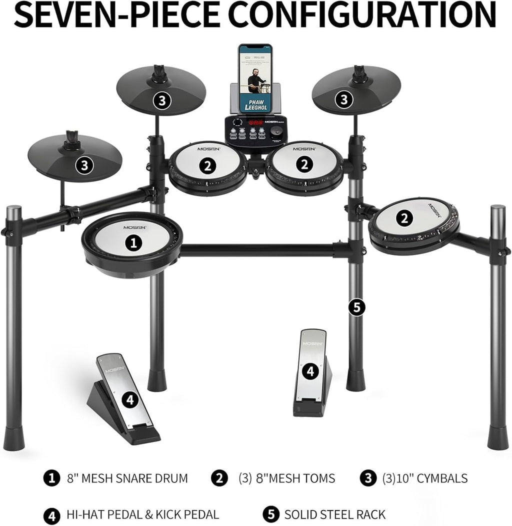 MOSEN Electric Drum Set, Quiet Mesh Drum Pads, Dual-Zone Snare, 195+ Sounds, Phone Holder, Sticks, Headphones, USB MIDI, 2 Pedals, 25 Electronic Drums Kit for Beginner, MED-X3S