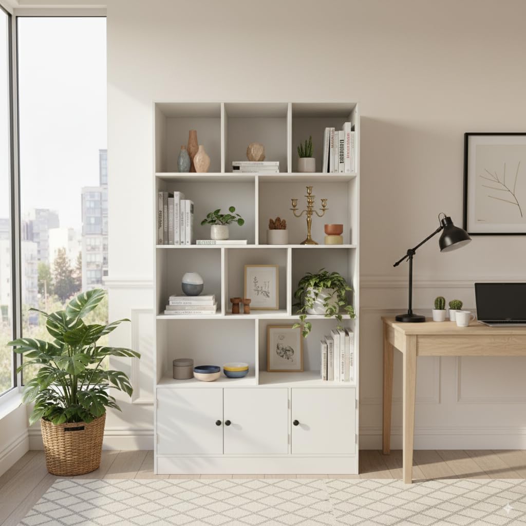 Anystyle White 5-Tier Bookshelf, 13-Cube Display Cabinet with 3 Doors, Freestanding Bookcase with Anti-Tip Kit for Living Room & Home Office, 35.4' W x 11.8' D x 65' H