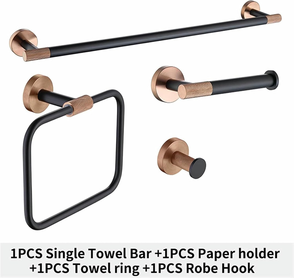 4 PCS Rose Gold Black Single Bar Towel Rack Towel Ring Bath Towel Coat Hook Toilet Paper Holder Bathroom Accessories