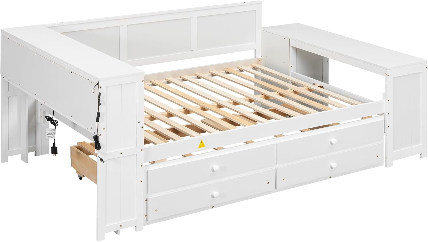 Merax Corner Full Bed Frame with Desk and Led Lights,Wood Platform Bed Frame with Trundle and 2 Drawers,Full Size Daybed with Storage and Charging Station for Living Room,Bedroom,Guest Room,White