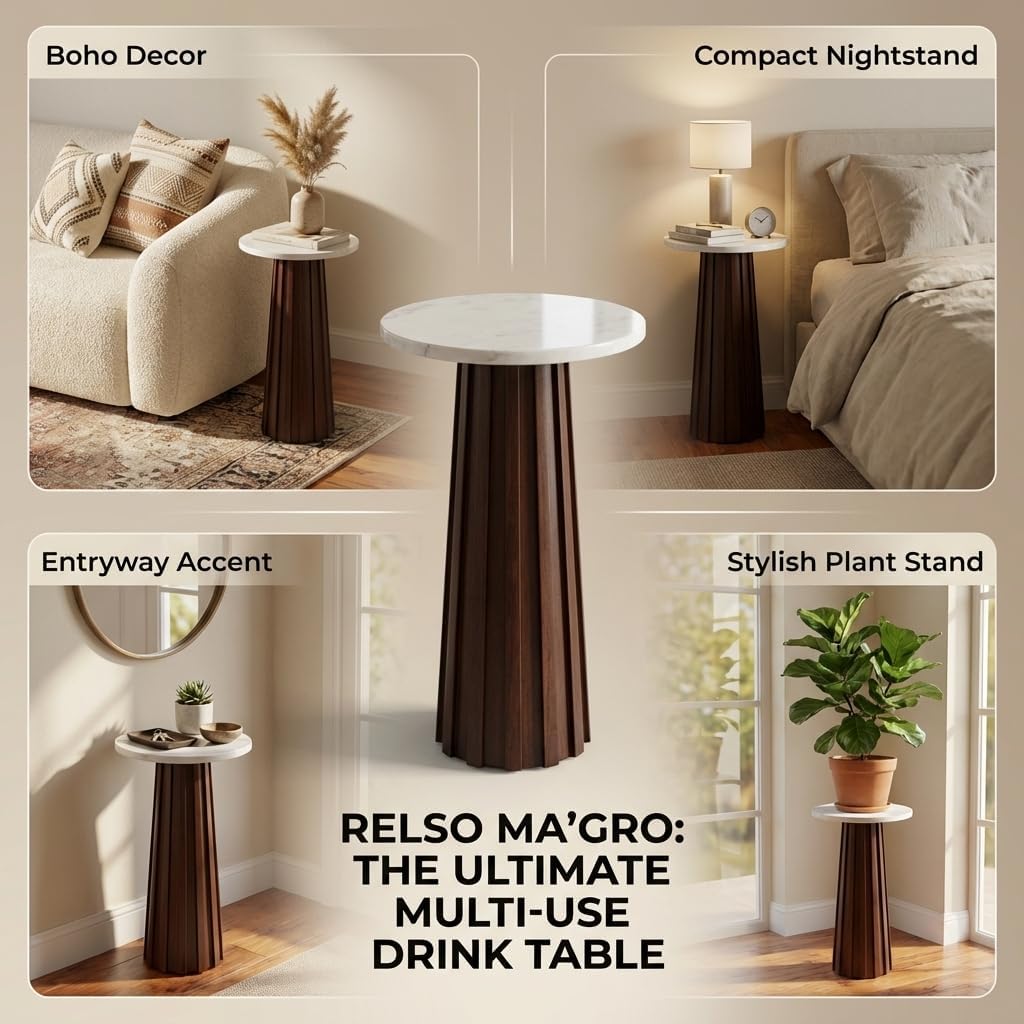 Relso Ma'gro Drink Table – Solid Mango Wood Fluted Base with Real White Marble Top | Farmhouse Accent Side Table for Boho Decor, Bedside, Entryway, Plant Stand, Night Stand & Small Living Spaces
